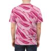 All over print sublimation tee featuring a seamless pattern of pink and white bacon strips for a unique food graphic.