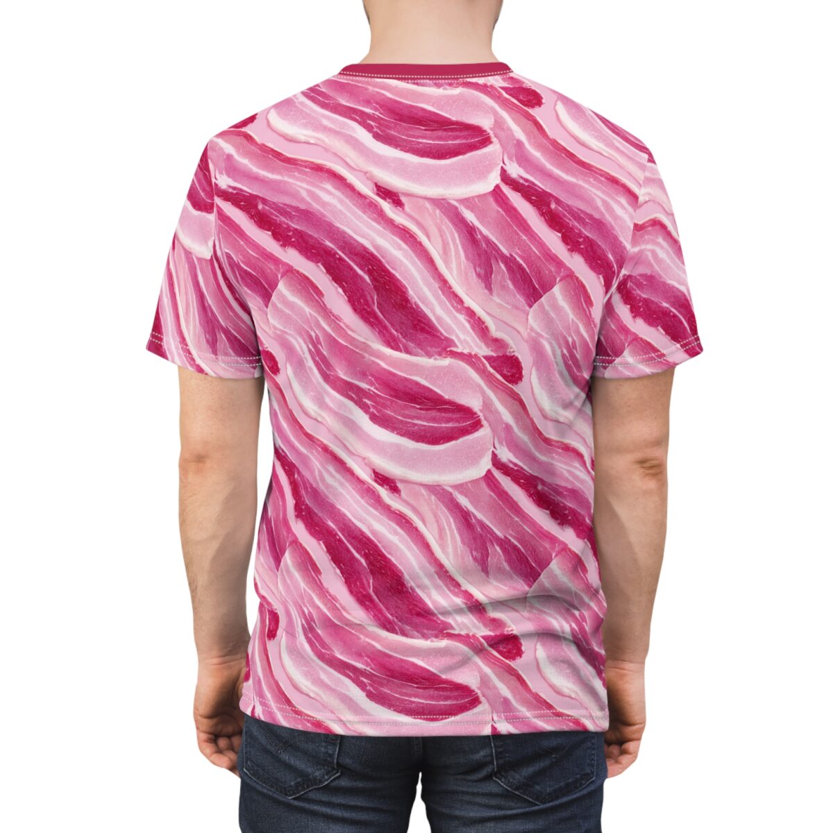 All over print sublimation tee featuring a seamless pattern of pink and white bacon strips for a unique food graphic.