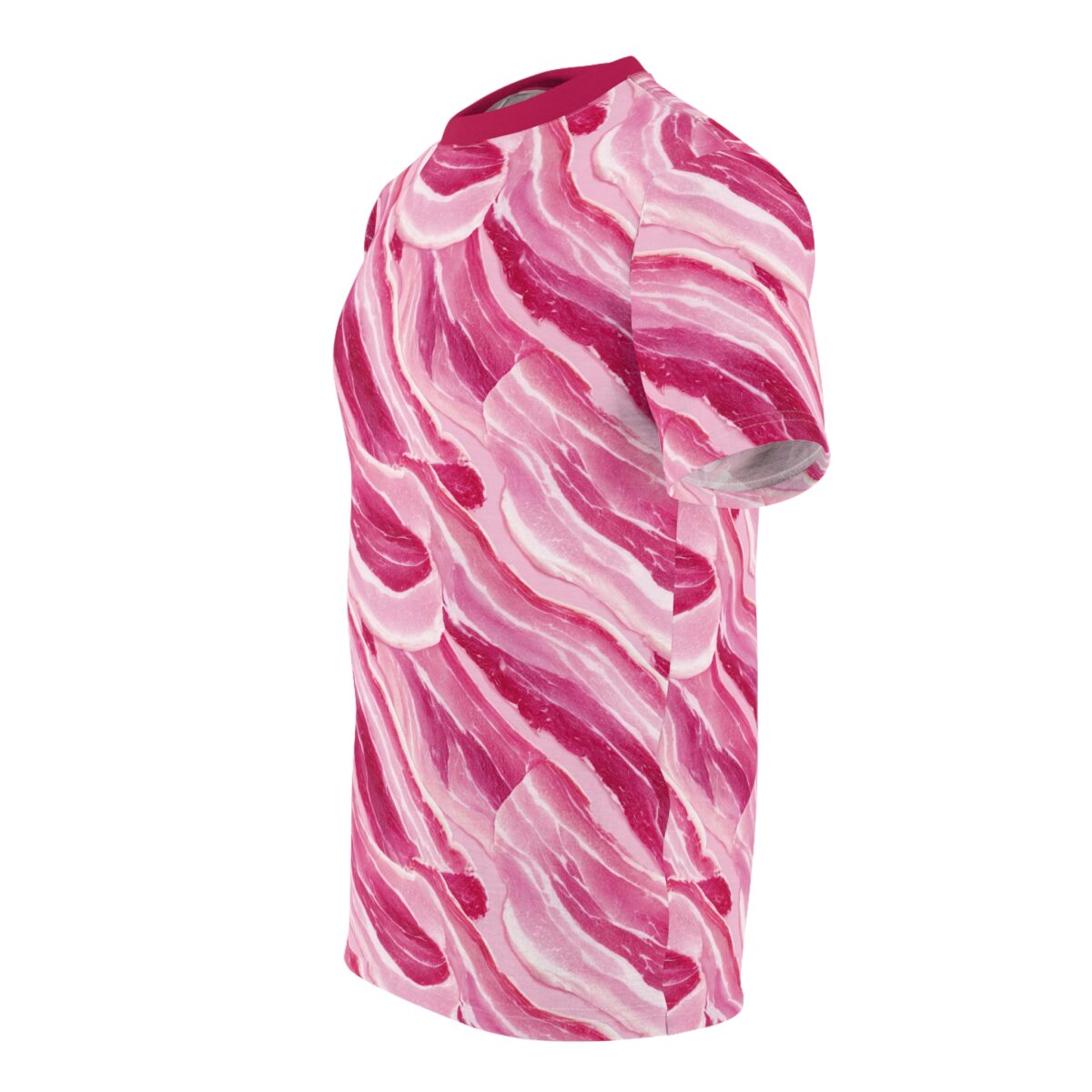 Pink and white bacon all over print sublimation tee featuring a seamless wrap around graphic design.
