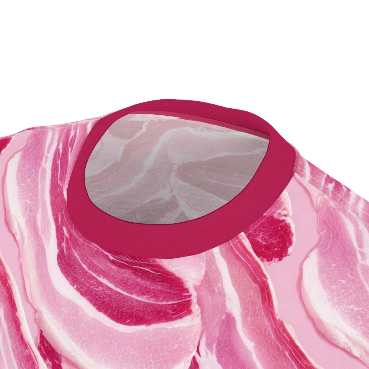 Bacon pattern sublimation tee featuring a seamless wrap around graphic design of pink and white cured pork slices.