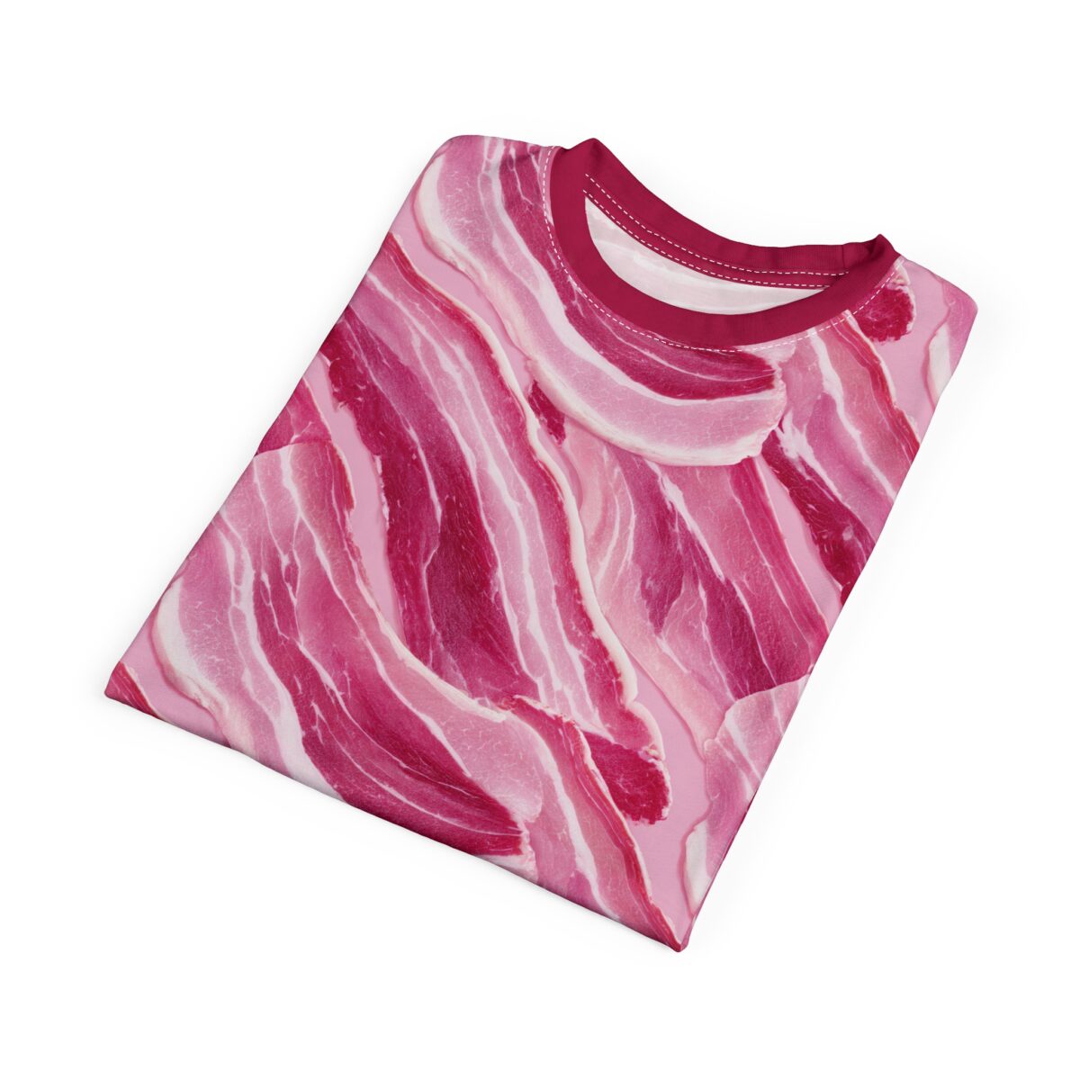 Bacon pattern all over print sublimation tee featuring a seamless, photorealistic cured meat wrap-around design.