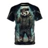 Dark tones cover this graphic streetwear tee, depicting a tough cartoon panda in a green hoodie standing in a smoky alley.