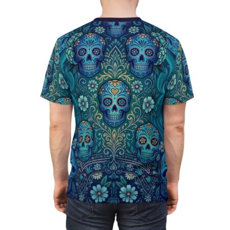 Blue sugar skull and floral all over print sublimation tee featuring intricate vintage pattern graphic.