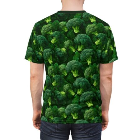 Green broccoli all over print sublimation tee, seamless wrap around graphic with fresh vegetable design.