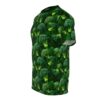 Green broccoli and leaves all over print sublimation tee, seamless vegetable pattern wrap around graphic.