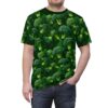 Green broccoli all over print sublimation tee, seamless vegetable pattern wrap around graphic.