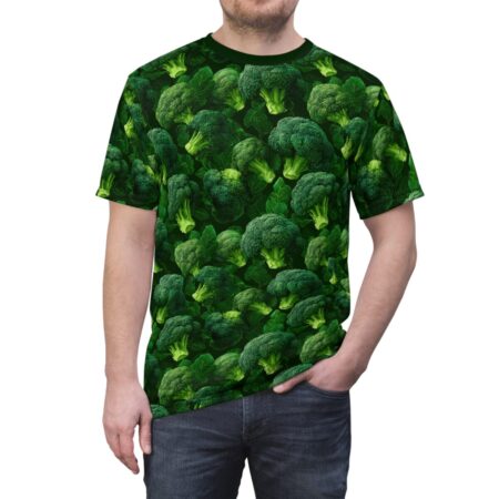 Green broccoli all over print sublimation tee, seamless vegetable pattern wrap around graphic.