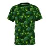 Green all over print sublimation tee showcasing a seamless pattern of fresh broccoli florets and leaves.