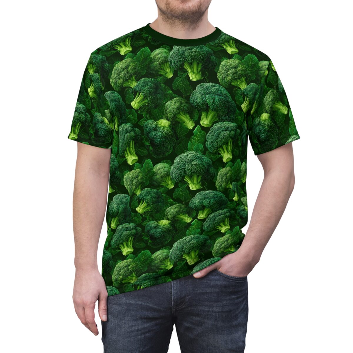 Green broccoli all over print sublimation tee, seamless vegetable pattern wrap around graphic.