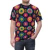 Men's sublimation tee with all over print of colorful crochet flowers and small leaf motifs on a dark background.
