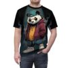 T-shirt featuring a cartoon panda wearing a red hoodie, yellow t-shirt, blue jeans, baseball cap, and sneakers.