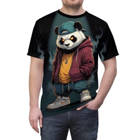 T-shirt featuring a cartoon panda wearing a red hoodie, yellow t-shirt, blue jeans, baseball cap, and sneakers.