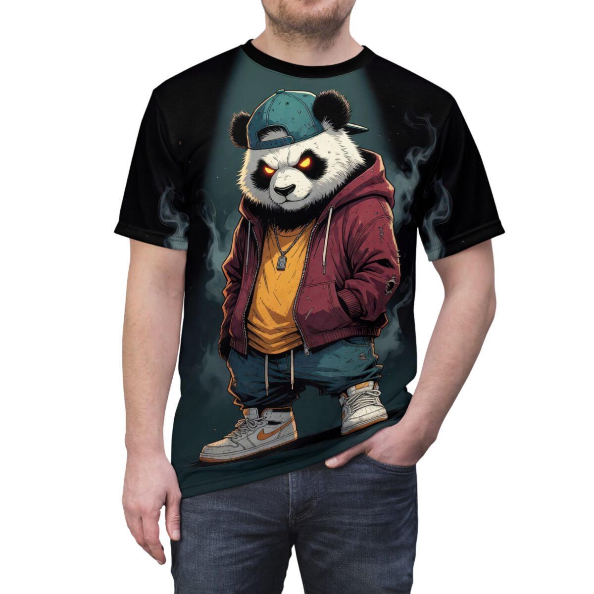 T-shirt featuring a cartoon panda wearing a red hoodie, yellow t-shirt, blue jeans, baseball cap, and sneakers.