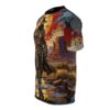 All over print sublimation tee, cowboy, desert landscape, desert rocks, water reflection, geometric pattern, red blue paint splatter