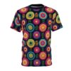 Boho crochet flower all over print sublimation tee featuring a vintage retro repeat pattern with colorful circular motifs and leaf accents.