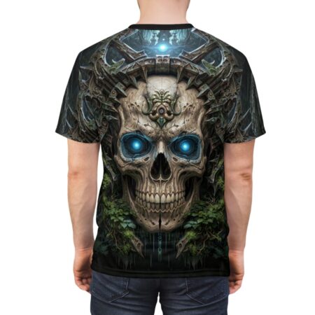 Cyber grunge all over print t-shirt featuring a detailed skull with glowing blue eyes and intricate metallic headpiece, surrounded by dark foliage.
