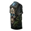 Cyber grunge all over print sublimation tee showcasing a detailed skull with glowing blue eyes and intricate metal details, surrounded by dark foliage.