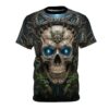 Cyber grunge skull sublimation tee with glowing blue eyes and intricate metal crown design, featuring an all over print with vines and dark forest elements.