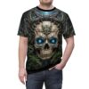 Cyber grunge skull sublimation tee with glowing blue eyes and intricate metal crown, featuring a seamless wrap around graphic.