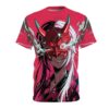 Red t-shirt, cyber grunge aesthetic, all over print, anime oni mask graphic, glowing eye, split hair, digital pattern