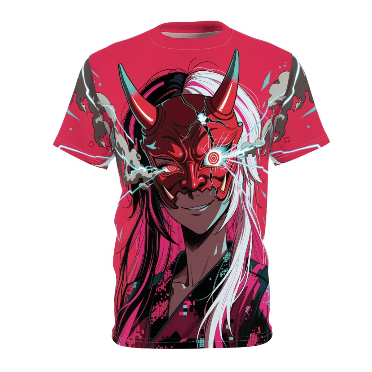Red t-shirt, cyber grunge aesthetic, all over print, anime oni mask graphic, glowing eye, split hair, digital pattern