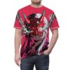 Red all over print tee, cyber grunge aesthetic, Oni mask graphic, split black and white hair, red eyes, lightning effects.