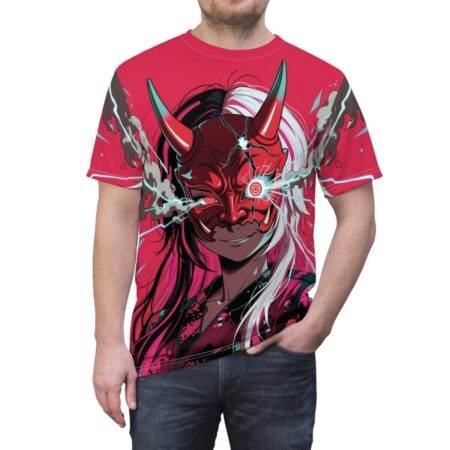 Red all over print tee, cyber grunge aesthetic, Oni mask graphic, split black and white hair, red eyes, lightning effects.