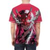 Red Oni mask anime graphic, red, black, white hair, electric eye, smoke, lightning, red crewneck sublimation tee.
