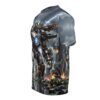 Cyberpunk giant mech robot all over print sublimation tee featuring a burning apocalyptic city street battle design.