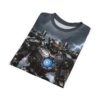 Cyberpunk robot with glowing blue core, all over print sublimation tee featuring a stormy sky with lightning.