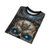 Cyberpunk skull with glowing blue eyes and intricate metal crown all over print sublimation tee.
