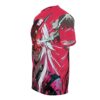 Cyberpunk Oni mask graphic, anime character, white hair, red mask, blue lightning, smoke, digital pixels, wrap around design.