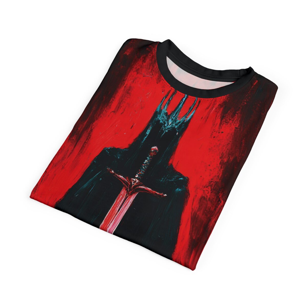 Dark fantasy king in crown with glowing sword all over print sublimation tee featuring deep red textured background.