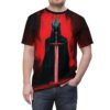 Dark fantasy king holding a glowing sword, all over print streetwear sublimation tee with vibrant red and black design.
