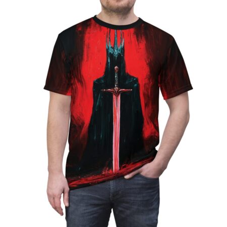 Dark fantasy king holding a glowing sword, all over print streetwear sublimation tee with vibrant red and black design.