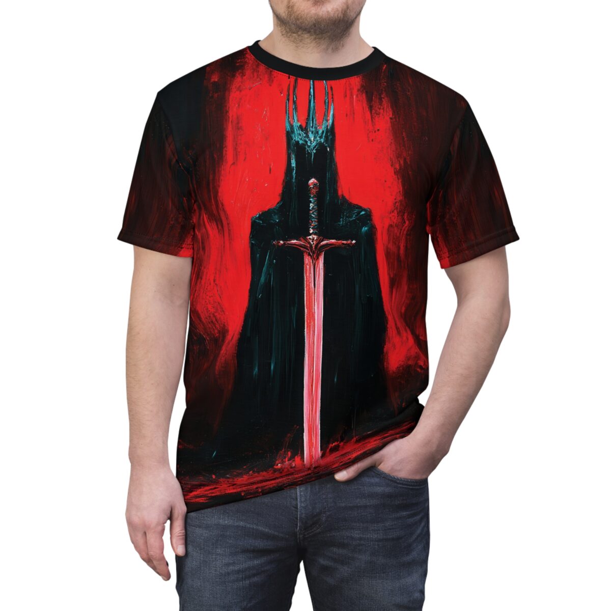 Dark fantasy king holding a glowing sword, all over print streetwear sublimation tee with vibrant red and black design.