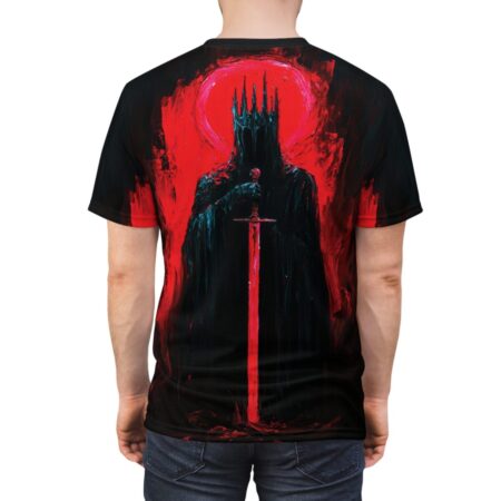 Dark king figure holding a glowing red sword, all over print sublimation tee with a red halo graphic.