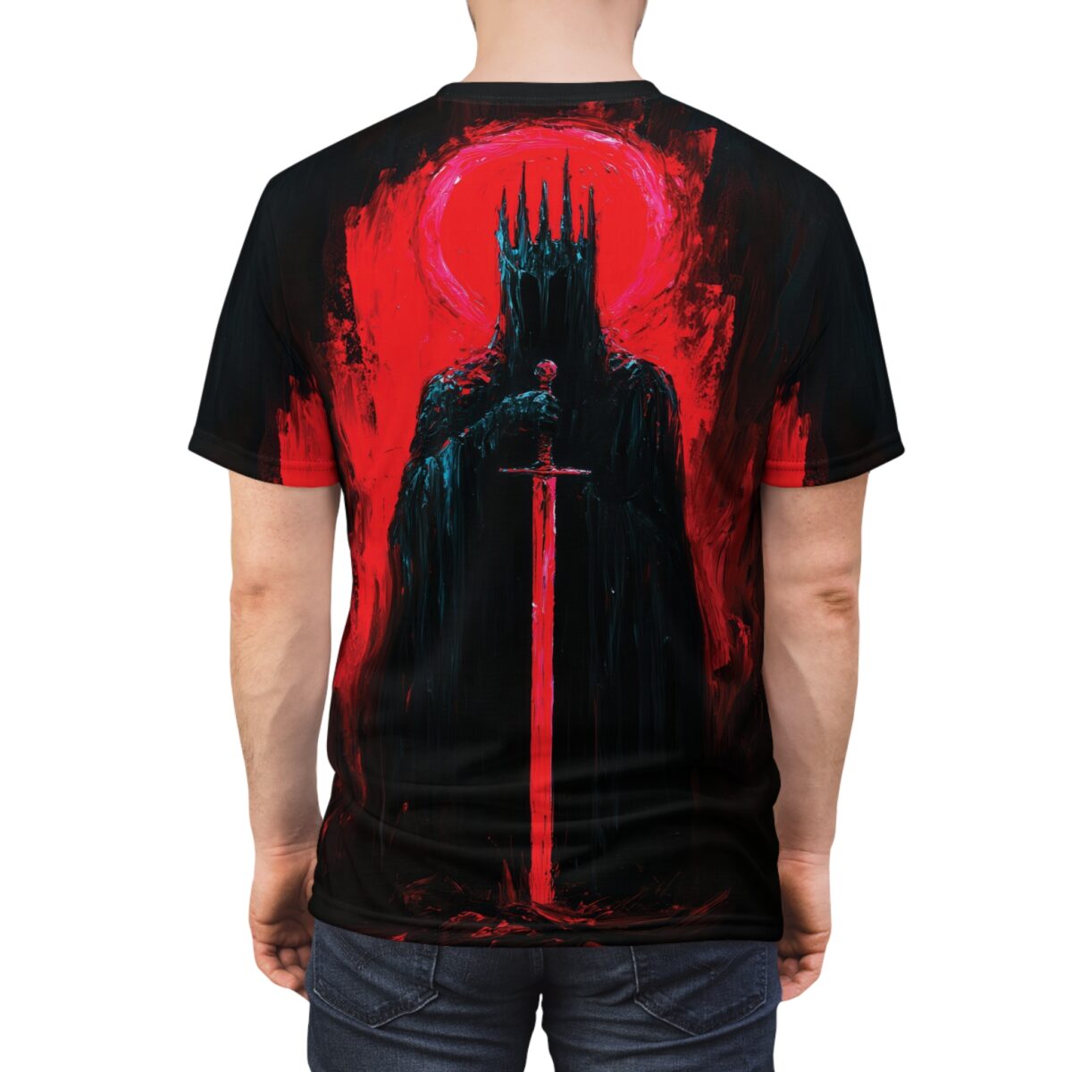 Dark king figure holding a glowing red sword, all over print sublimation tee with a red halo graphic.