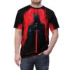 Dark King figure holding a glowing red sword with a red halo, all over print sublimation tee.