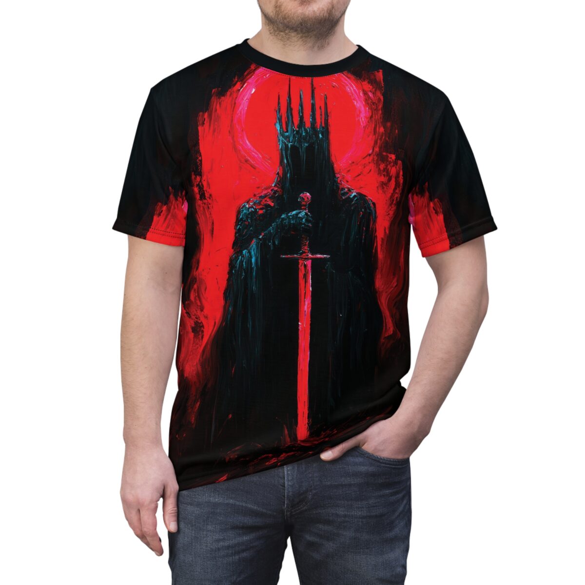 Dark King figure holding a glowing red sword with a red halo, all over print sublimation tee.