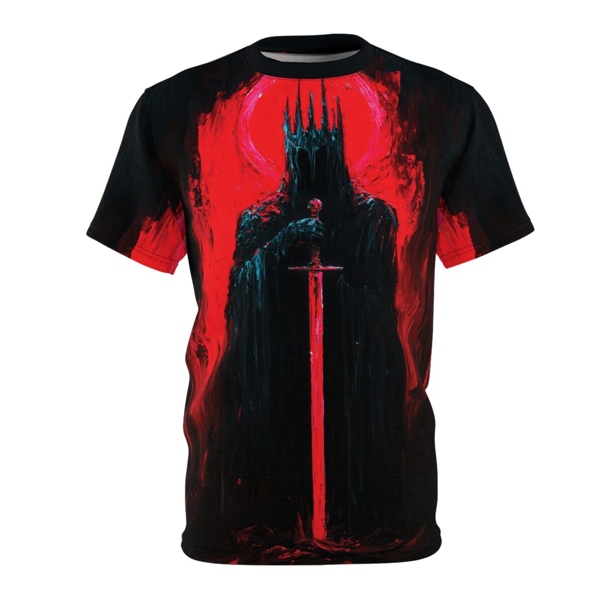 Dark King all over print t-shirt featuring a gothic figure with a crown and sword, set against a vibrant red background.