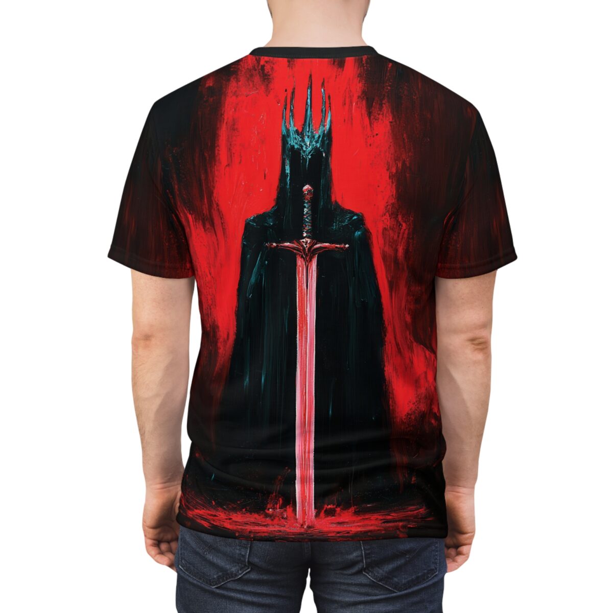 Dark King with crown and sword all over print sublimation tee, featuring a red and black painted background.