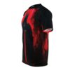 Dark knight with sword graphic sublimation tee, abstract red and black design, all over print streetwear aesthetic.