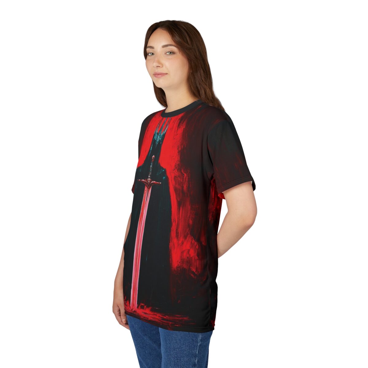 Dark fantasy sublimation tee featuring a prominent red sword graphic against a black and red abstract background.