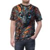 Man wearing a crew neck t-shirt featuring a colorful mosaic dragon face print against a white background.