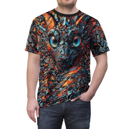 Man wearing a crew neck t-shirt featuring a colorful mosaic dragon face print against a white background.