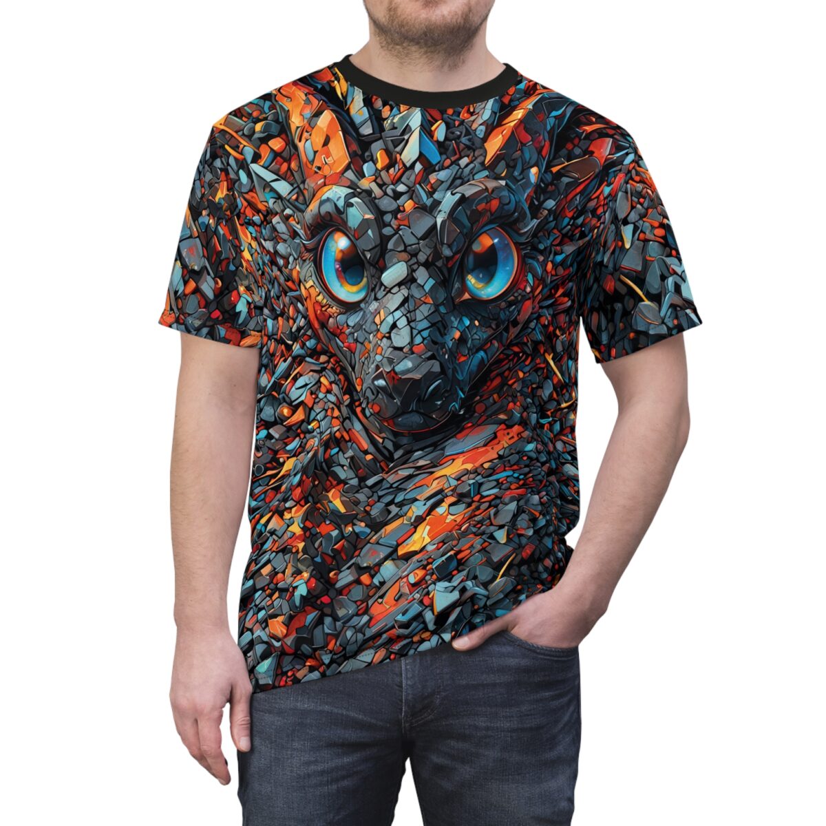Man wearing a crew neck t-shirt featuring a colorful mosaic dragon face print against a white background.
