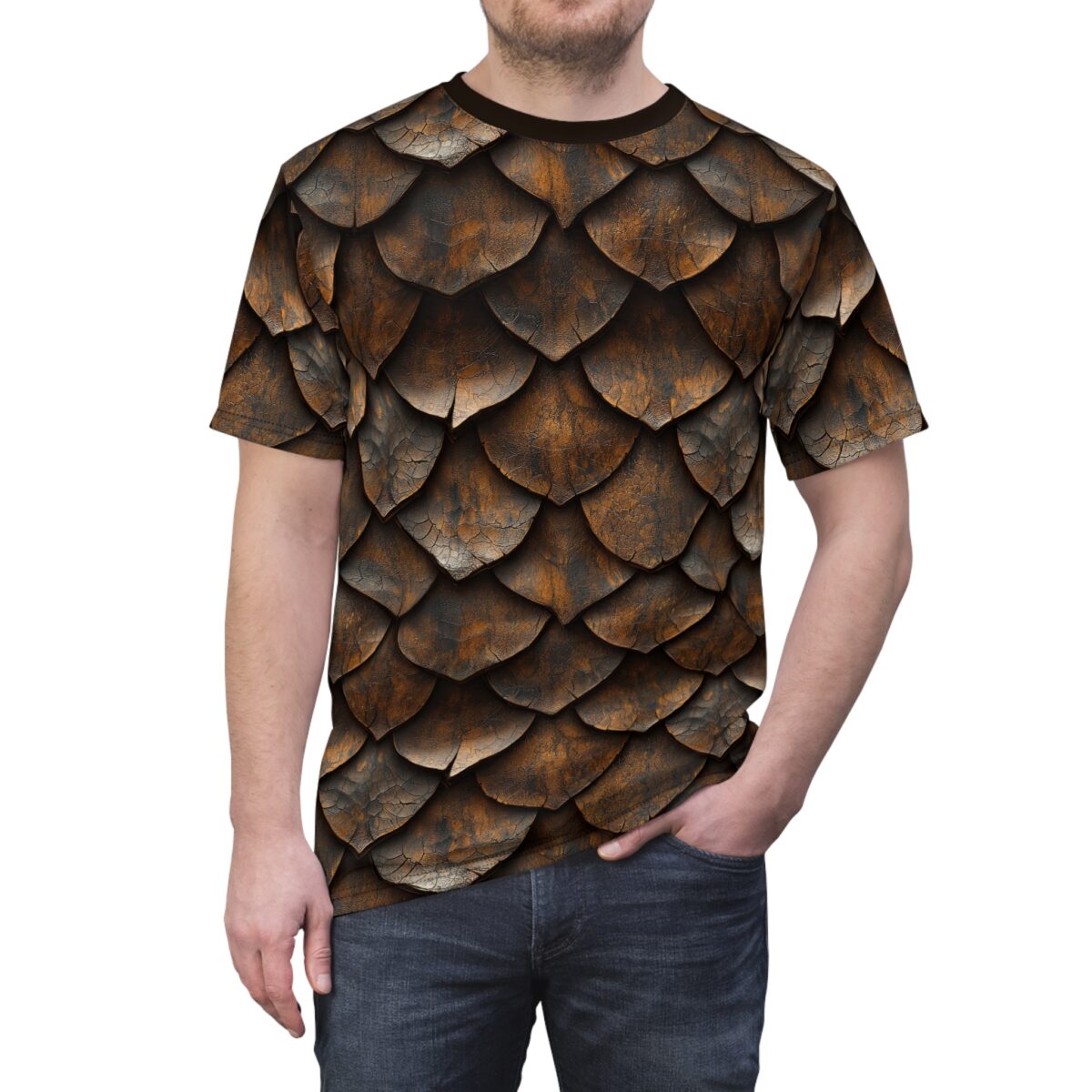 Man wearing a crew neck t-shirt with a brown 3D dragon scale armor texture graphic.