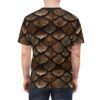 Brown scaled all over print sublimation tee, detailed dragon skin texture, seamless wrap around graphic.
