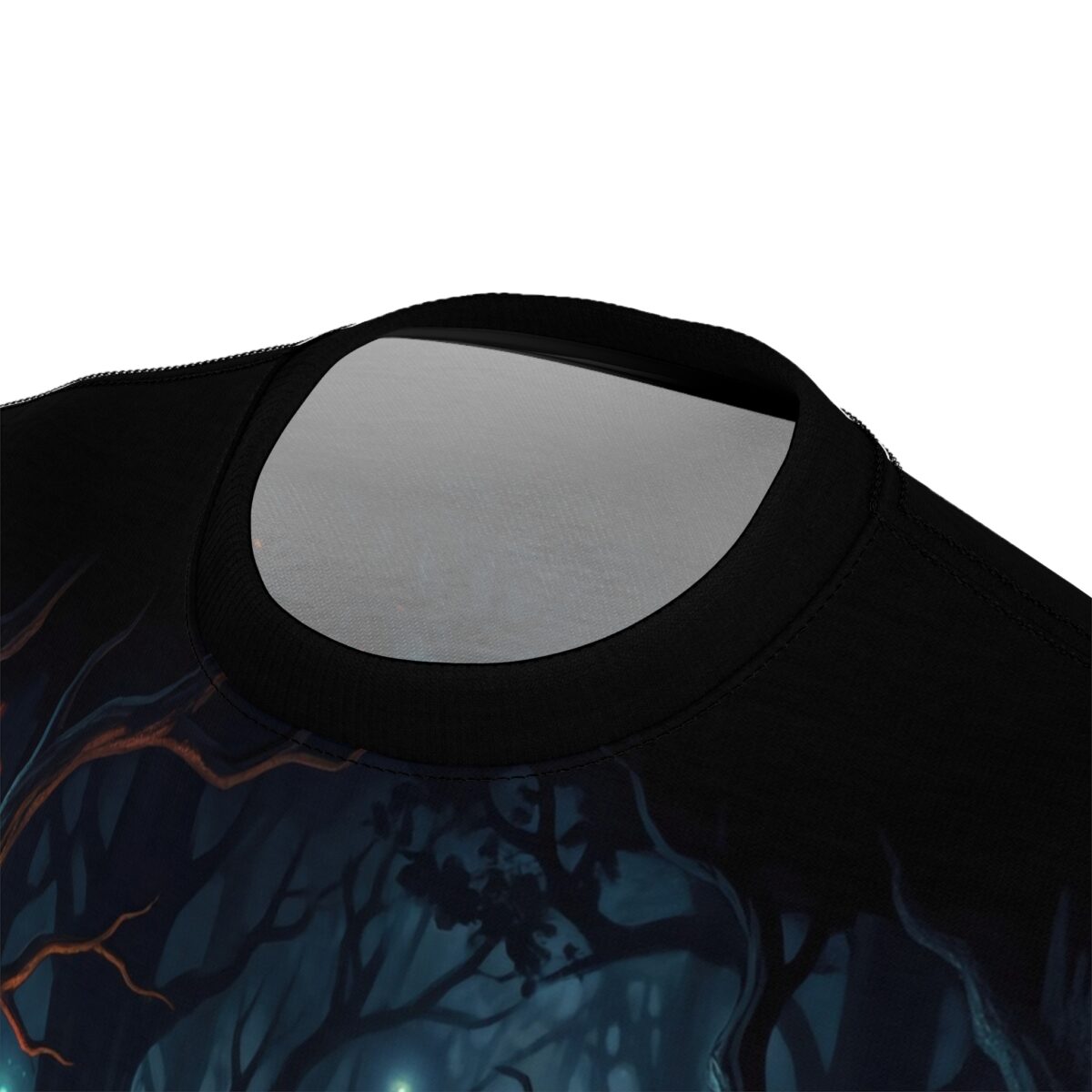 Dark enchanted forest with glowing lights and gnarled trees all over print sublimation tee.
